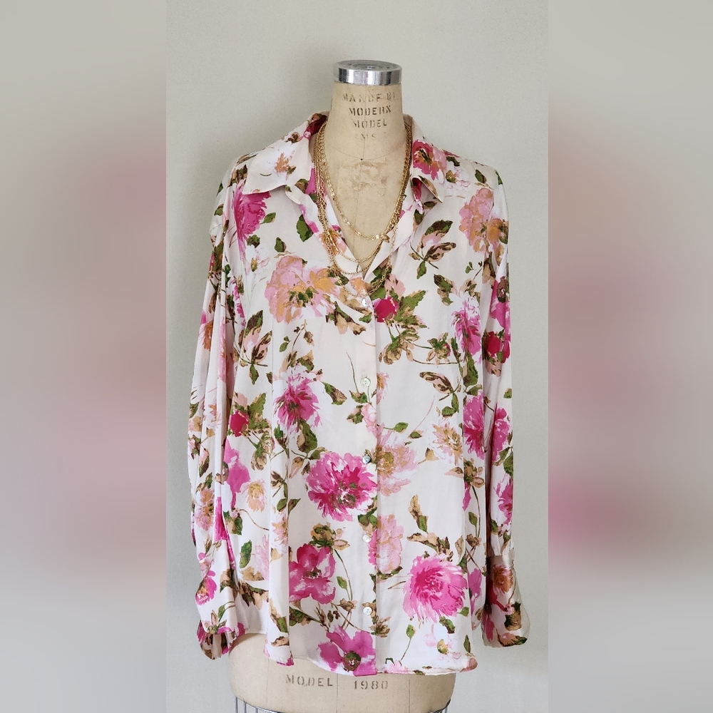 Zara Pink and Green Floral Button-Down Shirt